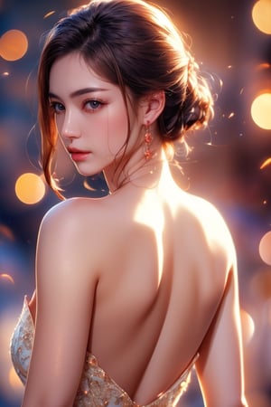 (masterpiece,best quality:1.4),(8k,raw photo,photo realistic:1.2),shiny skin,detailed skin,detailed face,detailed eyes,1girl,Japanese super model,beautiful face,attractive pose,look back,blurry_light_background,beautiful back,Open back dress,captivating gaze
