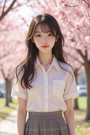 A cute high school girl with wavy brown hair, wearing a crisp white blouse and plaid skirt, stands under cherry blossom trees, soft pink petals drifting around her in warm afternoon light.