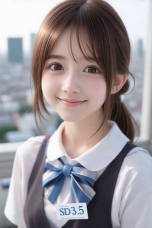 masterpiece, best quality, realistic, realistic lighting, 8K, HDR, 1girl, solo, brown long hair, from front, looking at viewer, smile, school_uniform, soft light, night tokyo in the background, gentle breeze,hair accessories,have a card that says "SD3.5"