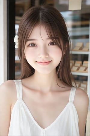 masterpiece, best quality, realistic, realistic lighting, 8K, HDR, 1girl, solo, brown long hair, from front, looking at viewer, smile, white_camisole, soft sunlight, shop in the background, gentle breeze,(face close-up:0.8),hair accessories