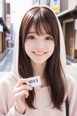 masterpiece, best quality, realistic, realistic lighting, 8K, HDR, 1girl, solo, brown long hair, from front, looking at viewer, smile, hoodie, soft sunlight, tokyo in the background, gentle breeze,(face close-up:0.8),hair accessories,I have a card that says "SD3.5"