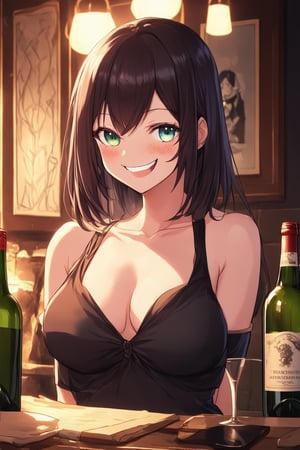 A charming young Latina woman was seducing the viewer in a dimly lit tavern with a red face and drunkenness, anime style,masterpiece,best quality,ultra detailed face,ultra detailed,4k,((blue eyes,blueeyes,blue_eyes)),skinny,(wide shot),score_9,score_8,score_7,score_6,score_5,BREAK,tavern,wine bottles,blush,cleavage cutout,anime,anime girl,(spooky smile,crazy smile),(greeneyes,green_eyes),glowing eyes