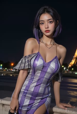 realistic photo,1girl,medium shot,((blue and purple medium straight hair)),(blue and purple multicolored hair),Best Quality, 32k, photorealistic, ultra-detailed, finely detailed, high resolution, perfect dynamic composition, beautiful detailed eyes, sharp-focus,tan,(looking at viewer), front_view,(((dark skin))), dark skin,tan,(((plaid slip dress))),off shoulder,((white plaid slip dress)),Paris,Eiffel tower,night,((night,midnight)),)(tan body,tan skin)),dark body,black body,((tan line)),skinny,glowing necklace,black skin,((blue eyes)),standing