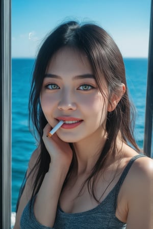 A coquettish young Japanese woman is looking out of the room window of a high-end five-star hotel at the blue Mediterranean Sea outside the hotel.This woman's blue-green pupils are shining,poakl girl,full body,looking at viewer,long hair,masterpiece,best quality,ultra detailed face,((cigarette on mouth)),(wearing crop top),detailed eyes,ultra detailed,(green_eyes,green eyes),(crop_top),(smile),(smoking),greeneyes,(medium shot)