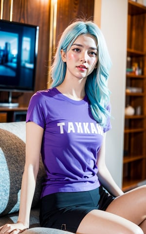 (wide shot),(Best Quality, High Resolution, Masterpiece: 1.3), full body,beautiful women, (((white and blue hair))), loose wavy shape, details of face and skin texture beautifully presented, detailed eyes, double eyelids,(eye shadow),hair shaved short on one side,darkness style,photorealistic,girlvn,1 girl,kristinapimenova,(((purple T-shirt))),(shorts),(sitting on the sofa),(living room),(television),doggie, a dog is on her leg,(dog),mia_nanasawa,eager pet pose,jisoo,jisoolorashy