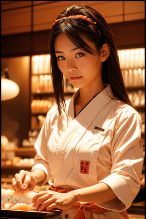 A Japanese female sushi chef working in a sushi restaurant is making nigiri sushi in the store,close_up,cowboy_shot,masterpiece,best quality,ultra detailed face,ultra detailed eyes