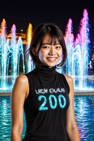 A young Japanese girl with medium hair wearing a turtleneck sleeveless top stands smiling in front of a neon light show fountain at night,looking at viewer,skinny,masterpiece,best quality,ultra_detailed,ultra detailed face,close_up,cowboy_shot,Neon,the sleeveless top has some text on it, the graffiti text say's "200".