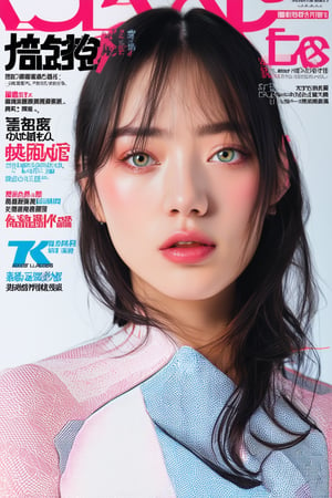 A young Japanese female model is taking a magazine cover photo in the studio,confident face,masterpiece,best quality,ultra detailed face,ultra detailed,4k,((green eyes,greeneyes,green_eyes)),skinny,(wide shot)