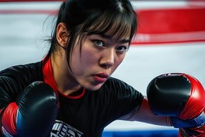 A young Japanese female boxer punches hard in the boxing ring, wearing boxing gloves, with a fierce expression and sweat on her face,masterpiece,best quality,ultra detailed face,ultra detailed,4k,((green eyes,greeneyes,green_eyes)),skinny,boobs