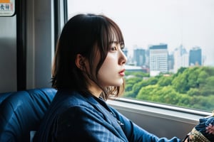 A young Japanese woman is sitting on the seat of a Japanese commuter train looking out the window at the city scenery,masterpiece,best quality,ultra detailed face,ultra detailed,4k,((green eyes,greeneyes,green_eyes)),skinny