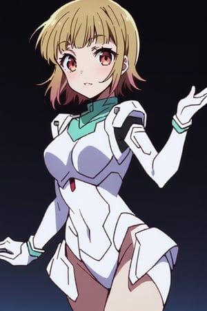 1 robotic girl, full body, futuristic cosmic warship, futuristic device, white long hair, blunt bangs, alone, white robotic body, red_eyes, white robotic legs, white robotic arms, beautiful robot girl, hand_lifted, best Smile,red eyes ,sumika fujimiya,mami nanami,memcho