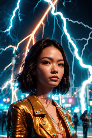 A young and fashionable Taiwanese woman is standing in a square in a metropolis. Behind the woman, a bolt of lightning struck straight towards the ground,close_up,cowboy_shot,Neon,Face,Glow,lightning,(lightning),(lightning background),thunder,lightning bolt