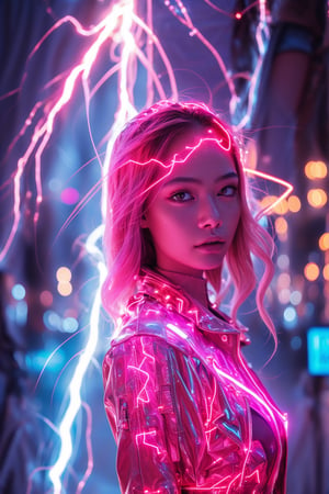 A young and fashionable Taiwanese woman is standing in a square in a metropolis. Behind the woman, a bolt of lightning struck straight towards the ground,close_up,cowboy_shot,Neon,Face,Glow,lightning,(lightning),(lightning background),thunder,lightning bolt