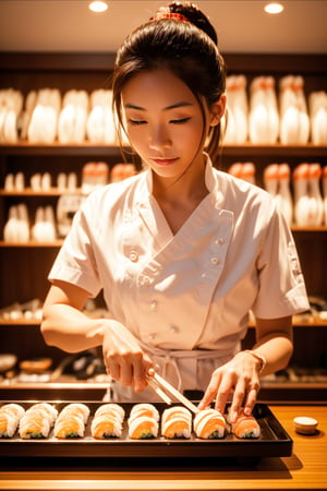 A Japanese female sushi chef working in a sushi restaurant is making nigiri sushi in the store,close_up,cowboy_shot,masterpiece,best quality,ultra detailed face,ultra detailed eyes