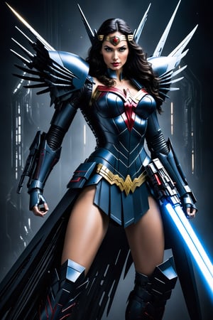 (Wonder Woman:2) (as a Gundam:2.5), Fighting in  space with a beam saber (H.R. Giger's Art Style:3)