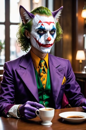 (The Joker:2.5) as (a rich anthropomorphic cat:2.5) in a restaurant enjoying a cup of coffee