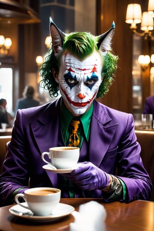 (The Joker:2.5) as (a rich anthropomorphic cat:2.5) in a restaurant enjoying a cup of coffee