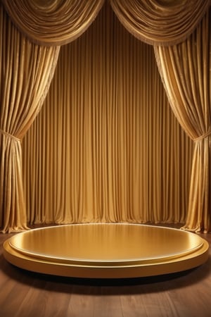 Dreamy picture, splendid, golden floor, golden stage, there is a golden round platform on the stage, the background is a golden curtain, front view