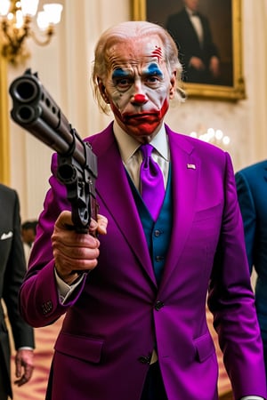 A character merged between US President Biden and the movie Joker
HDR, 4k quality, perfect quality, perfect image, HD quality, movie scene,cinematic style, White face, red lips, GUN in the hand, magenta suit,gunatyou