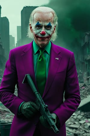 A character merged between US President Biden and the movie Joker
HDR, 4k quality, perfect quality, perfect image, HD quality, movie scene,cinematic style, White face, red lips, Joker makeup, M16, one rifle in hand, evil smile
magenta suit, green tie
Background: ruined city after war,gunatyou