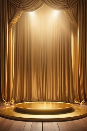 Dreamy picture, splendid, golden floor, golden stage, there is a golden round platform on the stage, the background is a golden curtain, front view