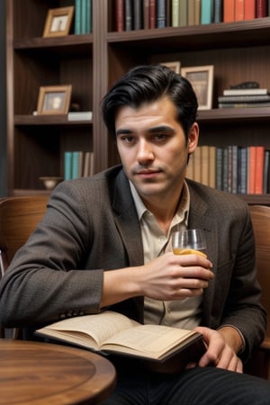 a handsome man with black hair and very neat clothes sitting in a chair and in front of him there is a table on the table there are books and there are drinks