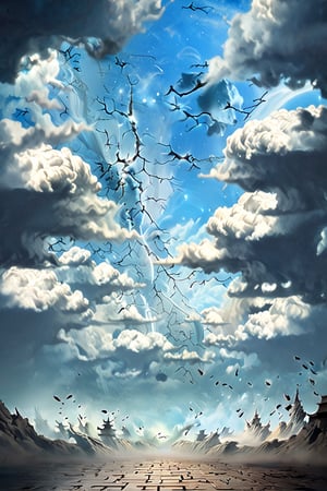 (Chinese fantasy style: 1.5) a bright blue sky with clouds in it, with a space crack