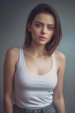 Beautiful woman wearing a tanktop no bra, analog photograph, professional fashion photoshoot, hyperrealistic, masterpiece, trending on artstation,krrrsty