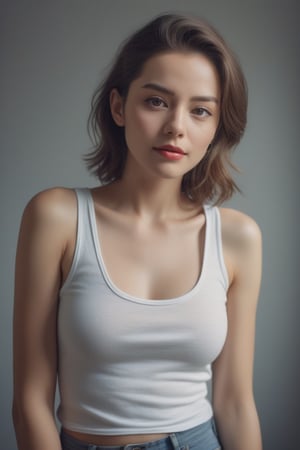 Beautiful woman wearing a tanktop no bra, analog photograph, professional fashion photoshoot, hyperrealistic, masterpiece, trending on artstation,krrrsty