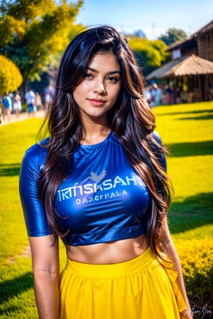 beautiful cute young attractive indian teenage girl, village girl, 18 years old, cute, Instagram model, long black_hair, colorful hair, warm, dacing, black top,  indian,nepali