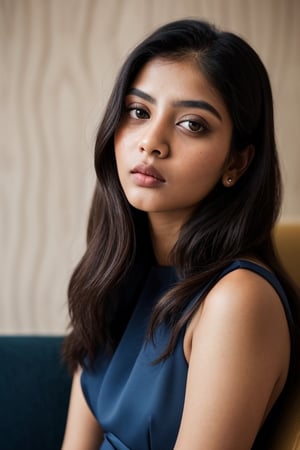 Indian girl, oval face, beautiful face, beautiful eyes, beautiful nose, beautiful lips, long hair, blue eyes, covered waist dress, curvy figure, luxury hotel background, sitting on sofa, sharp focus, centered, shallow depth of field, terrifying impact,photorealistic