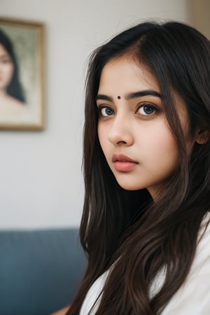 Indian girl, oval face, beautiful face, beautiful eyes, beautiful nose, beautiful lips, long hair, blue eyes, covered waist dress, curvy figure, luxury hotel background, sitting on sofa, sharp focus, centered, shallow depth of field, terrifying impact,photorealistic