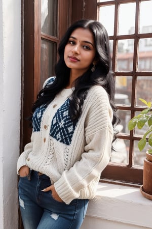 Lovely cute young attractive indian  girl, 35 years old, cute, Instagram model, long black_hair, colorful hair,  They are wearing a white, patterned sweater and blue jeans. The background is bright, with sunlight streaming in through windows or open doors.  , indian ,Girl