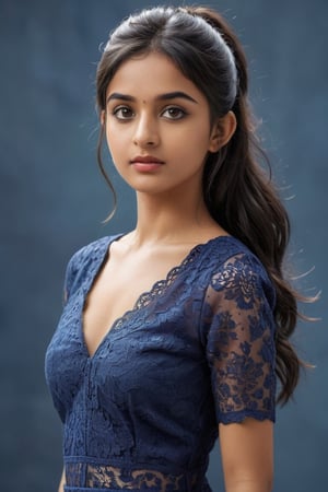 ((Generate hyper realisticimage of a stunning  20 year old indian girl,)) rich intrincate detailed, navy blue lace dress, long dark hair in a ponytail, meaningful colors,16k resolution, masterpiece, highly complex setting,dynamic lighting, breathtaking, lovely photography style, Extremely Realistic,