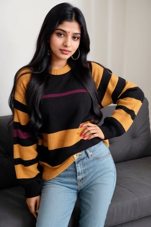 beautiful cute young attractive indian, smart girl, 22 years old, cute, Instagram model , straight standing position, long black_hair, colorful hair, warm, dacing, in home sit at sofa, indian, wearing clothes