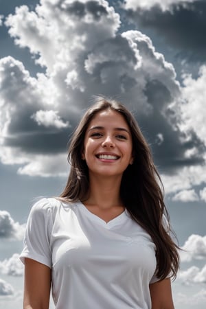 (1girl:1.2), (big smile), beautiful face, Amazing face and eyes, long silky brown hair, wearing white t shirt, delicate, (Best Quality:1.4), (Ultra-detailed), (extremely detailed beautiful face), cute smile, brown eyes, (highly detailed Beautiful face), (summer high school uniform:1.2), (extremely detailed CG unified 8k wallpaper), Highly detailed, High-definition raw color photos, Professional Photography, Realistic portrait, Extremely high resolution, smiling, (Clouds all over the sky, cloudy sky, lots of clouds:1.5), (cloudy day:1.5), half figure