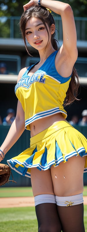 (Masterpiece, Top Quality, Best Quality, Official Art, Beauty and Aesthetics: 1.2), 1girl, solo, Korean idol girl, breasts, looking at viewer, blush, smile, bangs, huge breasts, thighhighs, navel, cleavage, chest cutout top, bare shoulders, brown hair, brown eyes, bracelet, sportswear, (baseball player baseball T-shirt), (yellow outfit), Japan baseball field, (cheerleaders in the field), (dancing cheering),(sweating), wet, (realistic:1.0), photorealistic, octane render,(hyperrealistic:0.7) ,Korean,idol,1 girl,(pleated skirt