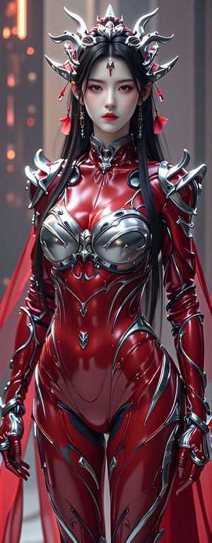 Best quality, masterpiece, ultra high res, (photorealistic:1.5), raw photo, (Masterpiece, Top Quality, Best Quality, Official Art, Beauty and Aesthetics: 1.2), 1girl, long black hair, Medusa, A cybernetic warrior with long pink hair stands poised, her red and silver mech armor gleaming under a bright light source. The armor’s hard, metallic surfaces reflect the light like polished steel, creating brilliant reflections and sharp glimmers as she moves. The gleaming metal gives off a cool, futuristic vibe, highlighting the precision and craftsmanship of her suit. Her calm demeanor is enhanced by the dynamic lighting, which creates strong contrasts between her serene expression and the glowing reflections on her armor. The metallic headgear shines with an ethereal glow, completing the high-tech, sci-fi aesthetic.,Eroflo,meidusha,1girl,Hanfu, KOLNB,forehead mark, high contrast, (grayscale:-1.5)