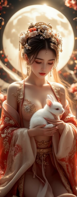 Best quality, masterpiece, ultra high res, (photorealistic:1.5), raw photo, (Masterpiece, Top Quality, Best Quality, Official Art, Beauty and Aesthetics: 1.2), A graceful young woman adorned in an ornate Chinese imperial gown, rich with intricate red and gold embroidery, delicately cradles a pure white rabbit in her lap. Her robe features detailed floral patterns and shimmering gold thread, with long, translucent silk sashes drifting weightlessly from her sleeves, creating the illusion of floating in the air. Her delicate face is framed by an exquisite headdress of pearls and golden filigree, while her serene expression reflects the radiant glow of the full moon behind her. Golden tendrils of light and mist-like silk swirl around her, evoking an ethereal, otherworldly presence, as if she is a celestial deity. The rabbit nestled peacefully in her hands adds a sense of purity and calm, perfectly harmonizing with her divine elegance and the magical atmosphere of the night.