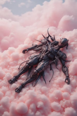 A surreal fantasy depiction of Venom, with a glossy black body, lying comfortably on a bed of pink cotton candy clouds. The clouds are fluffy and soft, floating in a dreamy sky with pastel hues. Venom has a calm and relaxed expression, blending unexpectedly with the gentle, whimsical atmosphere.,VENOM,Reality,HALLOWEEN,HALLOWEEN 2024,VNS_Add more details,Reality,create figure 2