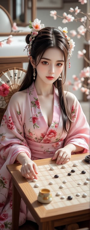 A well-dressed woman stands beside a super car, Best quality, masterpiece, ultra high res, (photorealistic:1.5), raw photo, (Masterpiece, Top Quality, Best Quality, Official Art, Beauty and Aesthetics: 1.2), A serene scene featuring a young woman in a vibrant pink and white floral-patterned kimono, seated at a traditional Go board. The Go board, marked with a precise 19x19 grid, is scattered with white and black Go stones in the midst of a tense match. Her delicate hands are in the process of positioning a smooth white stone, while she holds an ornate fan with kanji symbols in her other hand. A classic tea set rests nearby, hinting at a peaceful tea ceremony, as soft, diffused sunlight filters through the room. The peaceful setting contrasts with the quiet intensity of the ongoing Go game, evoking a sense of strategy and reflection.,Eroflo