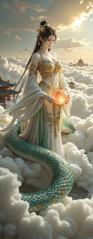 Best quality, masterpiece, ultra high res, (photorealistic:1.5), raw photo, (Masterpiece, Top Quality, Best Quality, Official Art, Beauty and Aesthetics: 1.2), A majestic depiction of Nüwa, the ancient Chinese goddess with a human head and a snake's body. Her upper body features elegant, flowing robes adorned with intricate golden embroidery, and her snake tail begins gracefully from her waist, shimmering with iridescent scales in shades of emerald and sapphire. She is surrounded by a celestial landscape of swirling clouds, glowing with a soft golden light, holding a glowing orb that symbolizes life and creation. In the background, ancient temples rise above a misty horizon, symbolizing her divine connection to the heavens,forehead mark, high contrast, (grayscale:-1.5)