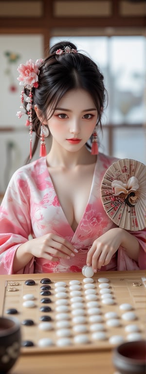 A well-dressed woman stands beside a super car, Best quality, masterpiece, ultra high res, (photorealistic:1.5), raw photo, (Masterpiece, Top Quality, Best Quality, Official Art, Beauty and Aesthetics: 1.2), A serene scene featuring a young woman in a vibrant pink and white floral-patterned kimono, seated at a traditional Go board. The Go board, marked with a precise 19x19 grid, is scattered with white and black Go stones in the midst of a tense match. Her delicate hands are in the process of positioning a smooth white stone, while she holds an ornate fan with kanji symbols in her other hand. A classic tea set rests nearby, hinting at a peaceful tea ceremony, as soft, diffused sunlight filters through the room. The peaceful setting contrasts with the quiet intensity of the ongoing Go game, evoking a sense of strategy and reflection.,Eroflo