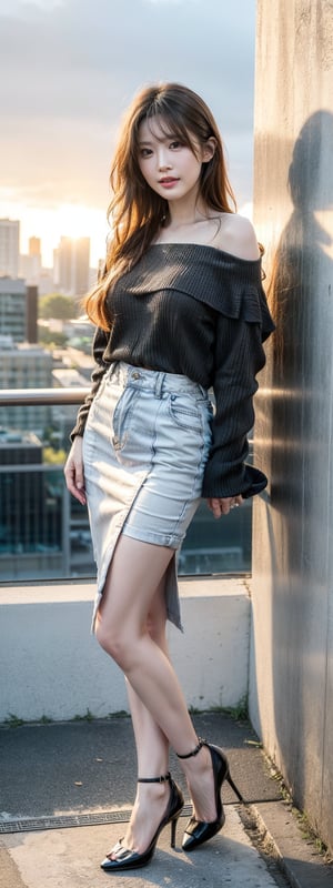 Best quality, masterpiece, ultra high res, (photorealistic:1.5), raw photo, 1girl, offshoulder, in the dark, deep shadow, low key, cold light, sexy look, short hair, Beautiful eyes ,Japan Hime_cut style, A confident office lady stands tall in front of a city skyline at sunset, looking directly at the viewer with a bright smile. Her long, black hair falls down her back like a waterfall, complemented by her purple collared shirt and pencil skirt. She wears high heels and holds a smartphone in one hand, while resting her other hand on the wall. The city's towering buildings and tranquil waterbody serve as a stunning backdrop to this urban beauty, captured from a dramatic high-angle perspective with warm, golden lighting.