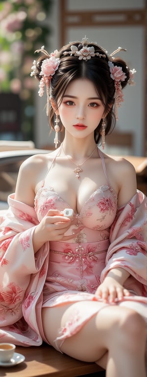 A well-dressed woman stands beside a super car, Best quality, masterpiece, ultra high res, (photorealistic:1.5), raw photo, (Masterpiece, Top Quality, Best Quality, Official Art, Beauty and Aesthetics: 1.2), A delicate portrait of a woman dressed in an exquisite pink and white floral kimono, engaged in a quiet game of Go. She gracefully holds a hand fan, painted with subtle kanji characters, while her fingers carefully position a stone on the board. A small, elegant tea set is placed nearby, and the soft glow of natural light creates a harmonious balance between light and shadow, capturing the serene essence of traditional Japanese aesthetics,Eroflo