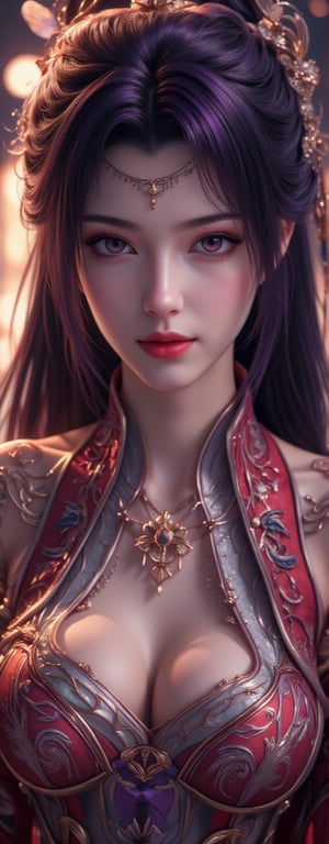 Best quality, masterpiece, ultra high res, (photorealistic:1.5), raw photo, (Masterpiece, Top Quality, Best Quality, Official Art, Beauty and Aesthetics: 1.2), 1girl, long black hair, Medusa wears a sleeveless, In a vibrant, ultra-realistic depiction, Diao Chan stands confidently in her Three Kingdoms dress-up attire, her bright smile radiating joy as she gazes directly at the viewer. Her striking features are set against a warm, HDR-lit backdrop, emphasizing her porcelain-like complexion and luscious locks. Framed from head to toe, her elegant figure is showcased in stunning detail, inviting the viewer to step into the captivating scene.,Eroflo,meidusha, KOLNB,forehead mark, high contrast, (grayscale:-1.5),云韵Flux-起风了,purple hair