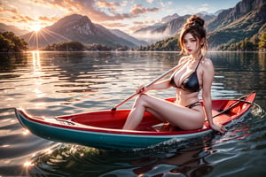 "A 20-year-old South Korean female influencer with a curvaceous figure is a canoeist wearing a tight-fitting wetsuit. She has peeled off the top half of her wetsuit, revealing a sexy bikini underneath.
She is paddling on the calm waters of Sun Moon Lake, with a serene atmosphere.
The water surface is still, with mist rising, accompanied by distant mountain views."