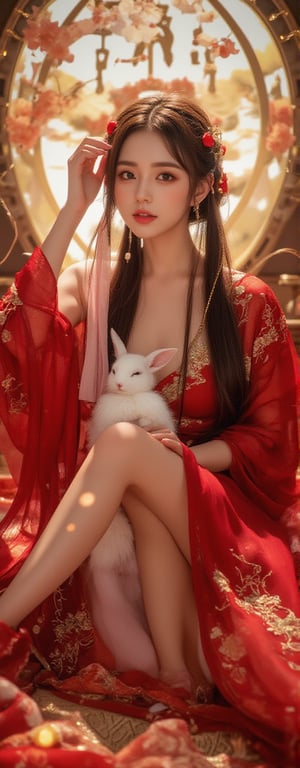 Best quality, masterpiece, ultra high res, (photorealistic:1.5), raw photo, (Masterpiece, Top Quality, Best Quality, Official Art, Beauty and Aesthetics: 1.2), A graceful young woman wearing a traditional Chinese *dudou*, richly embroidered in red and gold with delicate floral patterns, sits gracefully at the center of the frame. She gazes directly into the camera with a calm, almost divine expression, raising hands overhead. The *dudou*'s shimmering fabric accentuates her elegance, while translucent silk ribbons float weightlessly around her, adding a touch of softness and grace. The shot captures her from head to thigh, framed by the soft glow of a full moon behind her. Golden tendrils of light dance around her, amplifying the sense of her celestial, goddess-like aura. The floating silk and the peaceful rabbit she holds give the scene a mystical, ethereal feel.