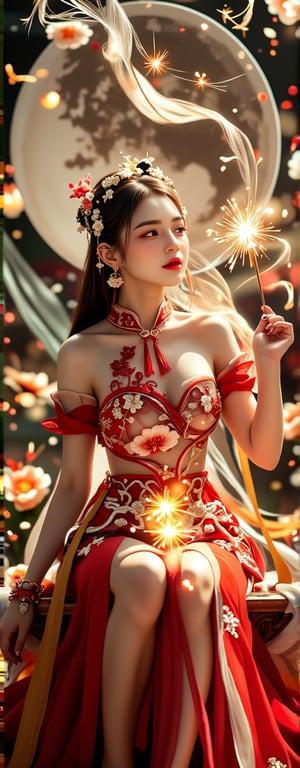 Best quality, masterpiece, ultra high res, (photorealistic:1.5), raw photo, (Masterpiece, Top Quality, Best Quality, Official Art, Beauty and Aesthetics: 1.2), A graceful young woman is adorned in a striking Chinese *qipao*—a short-sleeved, high-slit dress—embroidered with delicate red and gold floral motifs. The high slit elegantly reveals her legs as she sits gracefully at the center of the frame. Her gaze is directed calmly toward the camera, exuding both confidence and serenity. In one hand, she delicately holds a lit sparkler, its golden sparks cascading like stardust. The shot captures her from head to thigh, framed by translucent silk ribbons that float around her in the air. Behind her, a glowing full moon adds a celestial backdrop, while tendrils of golden light and sparkler flames dance around her, imbuing the scene with a mystical, magical aura. The sparkler, combined with the luxurious *qipao*, gives the image a harmonious blend of traditional elegance and playful whimsy.