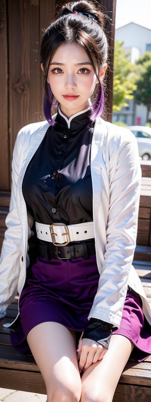 1girl, solo, breasts, looking at viewer, blush, smile, short hair, bangs, skirt, large breasts, black hair, hair ornament, long sleeves, sitting, purple eyes, jacket, purple hair, sidelocks, multicolored hair, pleated skirt, outdoors, parted lips, japanese clothes, day, belt, miniskirt, wide sleeves, two-tone hair, tree, lips, parted bangs, gradient hair, purple skirt, butterfly hair ornament, bench, haori, white belt, (demon slayer uniform,colorful and detailed, ultra detailed), kochou shinobu style, ((ultra sharp focus)), (realistic textures and skin:1.1), aesthetic,perfect light,Details++,ELIGHT,black jacket, black pants, forehead